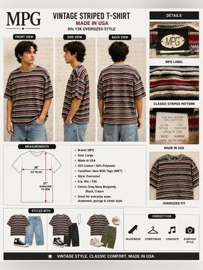 Vintage MPG Made USA Striped Oversized T-Shirt Men's Large Y2K Grunge Skate 90s